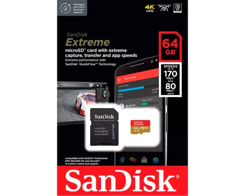 microSDXC (UHS-1 U3) SanDisk Extreme For Action Cams and Drones A2 64Gb class 10 V30 (R170MB/s,W80MB/s) (adapter) (SDSQXAH-064G-GN6AA) microSDXC (UHS-1 U3) SanDisk Extreme For Action Cams and Drones A2 64Gb class 10 V30 (R170MB/s,W80MB/s) (adapter) (SDSQXAH-064G-GN6AA)