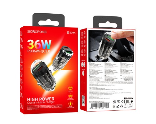 Автомобільний зарядний пристрій BOROFONE BZ29A Talented PD36W+QC3.0 car charger Black (6941991108778) 