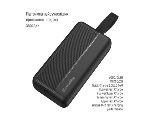 Батарея універсальна ColorWay 30 000 mAh High-power 2 PD/20W, QC/3.0, USB-C/Micro-USB (CW-PB300LPC2BK-PD) 