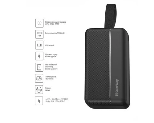 Батарея універсальна ColorWay 30 000 mAh High-power 2 PD/20W, QC/3.0, USB-C/Micro-USB (CW-PB300LPC2BK-PD) 