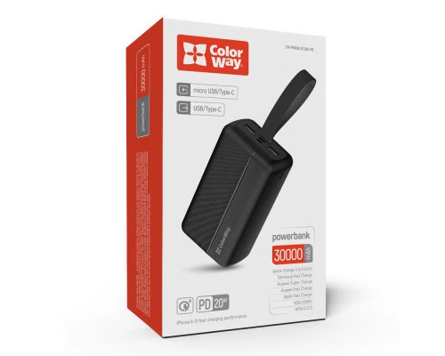Батарея універсальна ColorWay 30 000 mAh High-power 2 PD/20W, QC/3.0, USB-C/Micro-USB (CW-PB300LPC2BK-PD) 