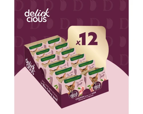Вологий корм для кішок Delickcious Суп з курки з шинкою та додаванням шпинату 80 г (4820269141599)