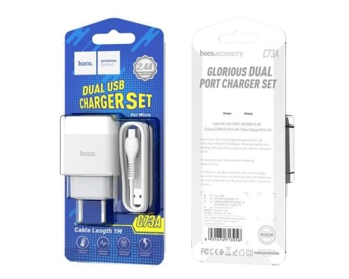 Мережевий зарядний пристрій з кабелем HOCO C73A Glorious dual port charger set(Micro) 12W White (6931474713063)