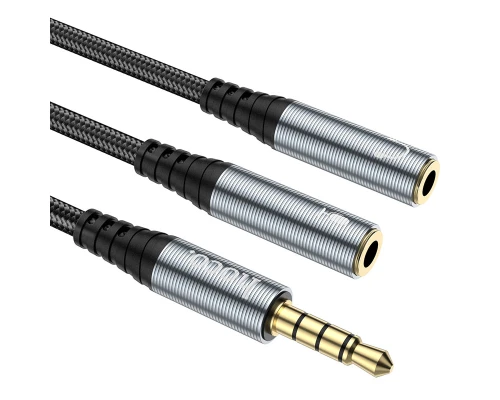 Аудіокабель HOCO UPA21 3.5mm male to 2*3.5mm female, nylon braid, 0.25m, Metal Gray (6931474766809)