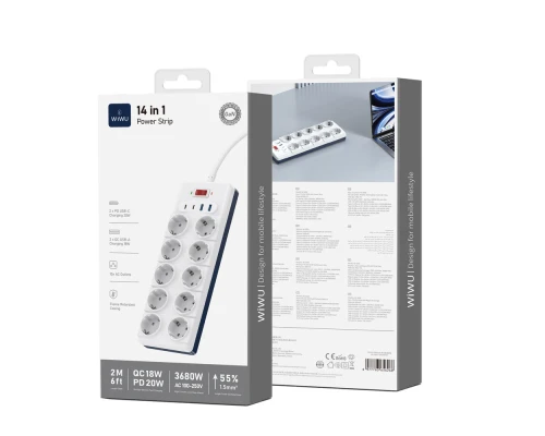 Мережевий подовжувач WIWU 14 in 1 20W GaN Power Strip 2C+2A+10AC Wi-S008 EU (2 m) White (6977703656268)