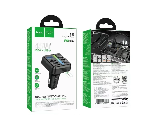 АЗП з FM-модулятором HOCO E89 Libre 45W(1A1C) car BT FM transmitter Black (6942007673808)